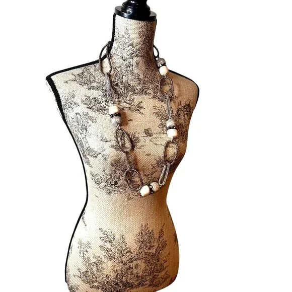 Women Chico's Silver Gold Link Beaded Chunky Rhinestone Statement Necklace  40" - Picture 3 of 8